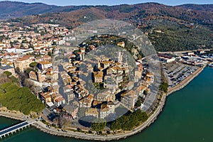 Aerial view of Passignano sul Trasimeno, a small town along the lake near Perugia, Umbria, Italy