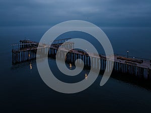 Aerial view of the Pat Auletta Steeplechase Pier at Coney Island, during a cloudy and foggy weather