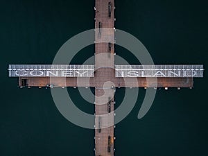 Aerial view of the Pat Auletta Steeplechase Pier at Coney Island, during a cloudy and foggy weather