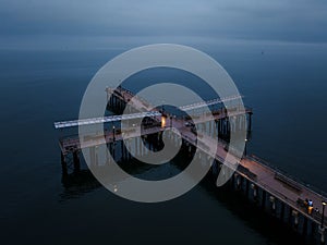 Aerial view of the Pat Auletta Steeplechase Pier at Coney Island, during a cloudy and foggy weather
