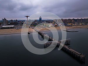 Aerial view of the Pat Auletta Steeplechase Pier at Coney Island, during a cloudy and foggy weather