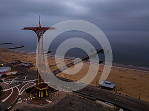 Aerial view of the Pat Auletta Steeplechase Pier at Coney Island, during a cloudy and foggy weather