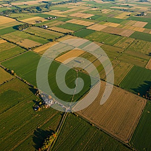 Aerial view of patchwork farmland with large, rectangular fields in various shades of photo