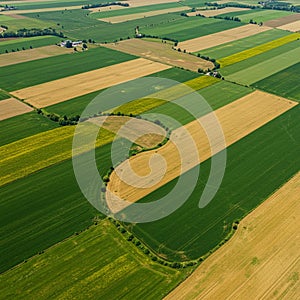Aerial view of patchwork farmland, showcasing rectangular fields in shades of green photo