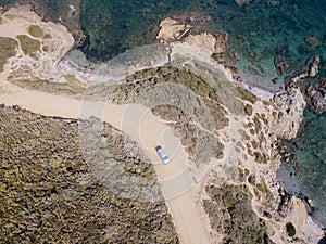 Aerial view of the path of customs officers, vegetation and Mediterranean bush, Corsica, France. Sentier du Douanier