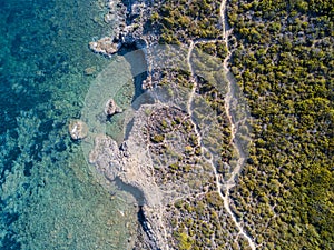 Aerial view of the path of customs officers, vegetation and Mediterranean bush, Corsica, France. Sentier du Douanier