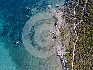 Aerial view of the path of customs officers, vegetation and Mediterranean bush, Corsica, France. Sentier du Douanier