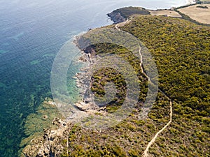 Aerial view of the path of customs officers, vegetation and Mediterranean bush, Corsica, France. Sentier du Douanier