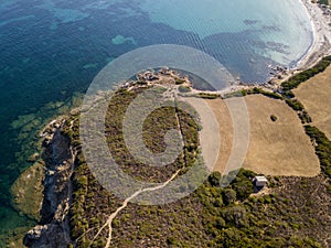 Aerial view of the path of customs officers, vegetation and Mediterranean bush, Corsica, France. Sentier du Douanier