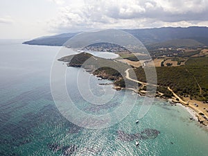 Aerial view of the path of customs officers, vegetation and Mediterranean bush, Corsica, France. Sentier du Douanier. Capraia