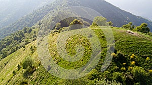 Aerial view of a path leading to Monte Boletto, Alps, near Lake Como. Como, Brunate, Lombardy, Italy