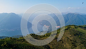 Aerial view of a path leading to Monte Boletto, Alps, near Lake Como. Como, Brunate, Lombardy, Italy