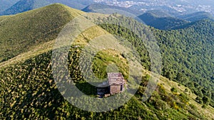 Aerial view of a path leading to Monte Boletto, Alps, near Lake Como. Como, Brunate, Lombardy, Italy