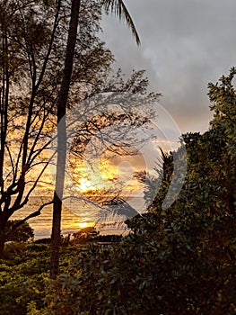 Aerial view of path leading to Waimanalo Beach at sunrise