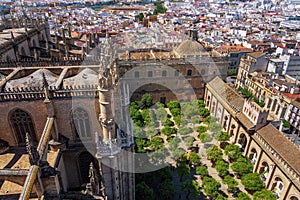 Aerial view of Patio de los Naranjos (Orange Tree Courtyard) in Seville Cathedral - Seville, Andalusia, Spain