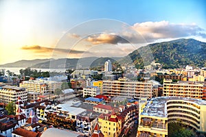 Aerial view of Patong beach, Phuket island and sea, urban city with blue sky. Andaman sea, Thailand