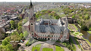 Aerial view of The Peace Palace (Vredespaleis) in The Hague , Netherlands.