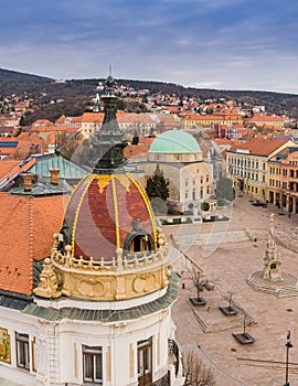 Aerial view of Pecs, Hungary with colorful rooftop