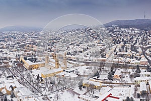 Aerial view of Pecs, Hungary at winter