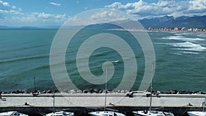 Aerial view of pedestrian pier in Viareggio, Italy