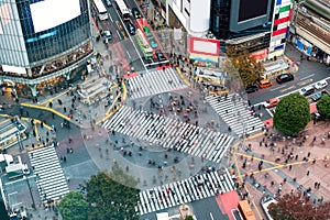 Aerial view of Pedestrians walking across with crowded traffic a