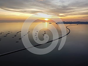 Aerial view Penang Second Bridge in dramatic sunset