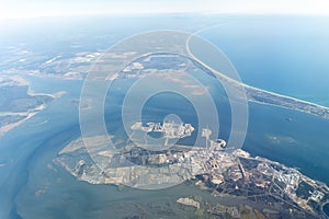 Aerial view of peninsula between Ria Formosa and Atlantic Ocean in Portugal