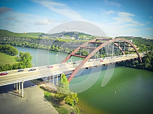 Aerial view Pennybacker Bridge or 360 Bridge in Austin, Texas, U