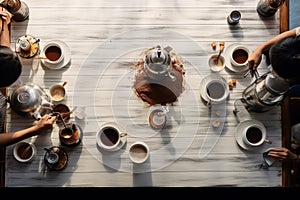 aerial view of people making drip coffee