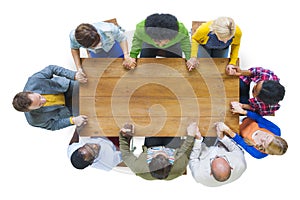 Aerial View People Togetherness Holding Hands Conference Table