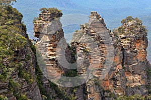 Aerial view of people visiting at the Three Sisters rock formation in the Blue Mountains of New South Wales, Australi