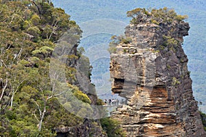 Aerial view of people visiting at the Three Sisters rock formation in the Blue Mountains of New South Wales, Australi