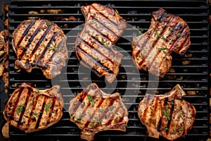 aerial view of perfectly grilled pork chops on a grill