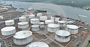 Aerial view petrochemical storage tanks oil refinery plant with industry zone