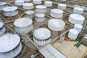 Aerial view petrochemical storage tanks oil refinery plant with industry zone