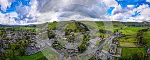 Aerial view of Peveril Castle ruins in Castleton in Peak District, England