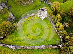 Aerial view of Peveril Castle ruins in Castleton in Peak District, England