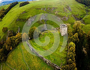 Aerial view of Peveril Castle ruins in Castleton in Peak District, England