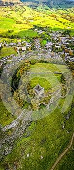 Aerial view of Peveril Castle ruins in Castleton in Peak District, England