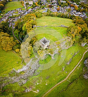 Aerial view of Peveril Castle ruins in Castleton in Peak District, England