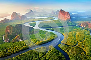 Aerial view of Phang Nga bay with mountains at sunrise in Thailand. photo