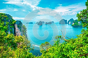 Aerial view of Phi Phi Island with Maya Bay and Phi Leh Lake, Krabi Province, Top view of a rocky tropical island isolated with