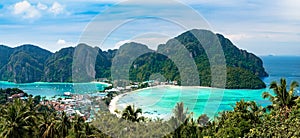 Aerial view of Phi Phi city on the coast of Thailand islands