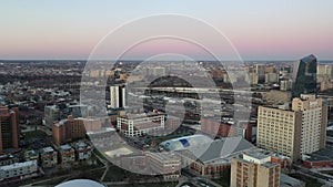 Aerial view of the Philadelphia skyline at sunset.