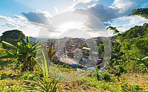 Aerial view of Phongsali, North Laos near China. Yunnan style town on scenic mountain ridge. Travel destination for tribal