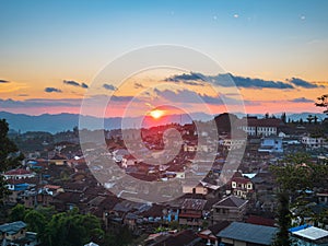 Aerial view of Phongsali, North Laos near China. Yunnan style town on scenic mountain ridge. Travel destination for tribal