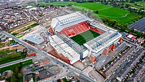 Aerial View Photo of Anfield Stadium in Liverpool. Iconic football ground and home of one of England`s most successful sides, Live