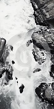 Aerial View Photography Of Rocky Beach With Water In Black And White