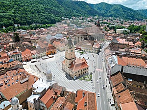 Aerial view of Piata Sfatului in the city of Brasov, Romania, from a drone perspective