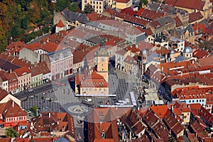 Aerial view of the Piata Sfatului square from Old Town in Brasov city.